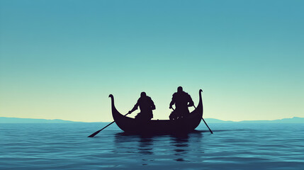 Two Viking warriors rowing in unison on a minimalist longship, oars cutting through the water. Strong, synchronized motion.



