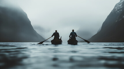Two Viking warriors rowing in unison on a minimalist longship, oars cutting through the water. Strong, synchronized motion.


