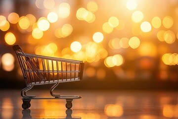 A solitary shopping cart sits against a blurred, glowing background, evoking a sense of anticipation and shopping vibes.