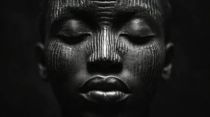 Naklejka premium Black and White Portrait of a Woman with Tribal Makeup