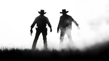 Two cowboys standing back to back in a duel, minimalist dust swirling around them. Stark yet intense moment.


