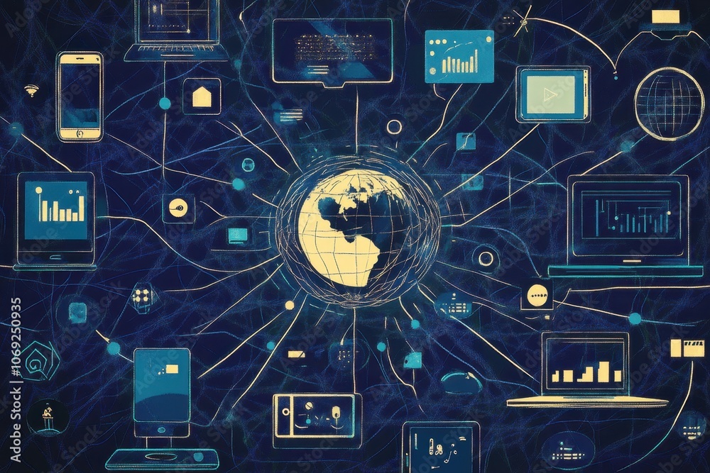 Poster internet network, showing various devices connected to each other in an intricate web pattern with i
