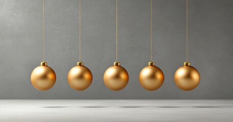 Elegant golden christmas ornaments hanging on gray background
