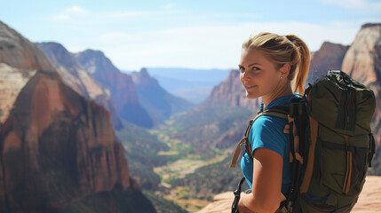 Naklejka premium Woman Overlooking a Mountain Range from a Cliff Edge