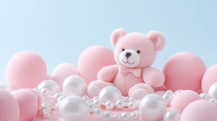 Obraz premium Adorable pink teddy bear surrounded by colorful balloons