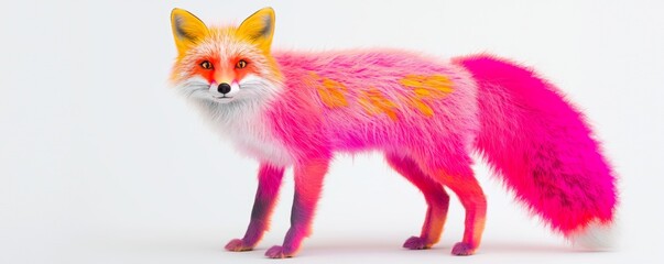 A stylized fox with a patchwork of bright colors and intricate patterns on its fur, standing against a minimalist white background.