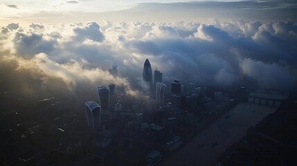 Towering skyscrapers pierce the heavens, their sharp angles contrasting with the soft curves of fluffy clouds above