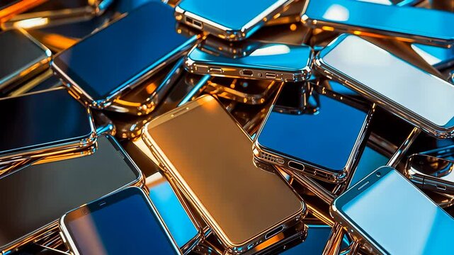 A collection of multiple smartphones, with reflective surfaces, piled together, illustrating technology surplus and e-waste challenges. Represents issues like sustainability and waste management.