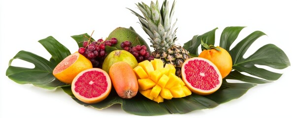 A vibrant arrangement of tropical fruits and lush green leaves on a white background.