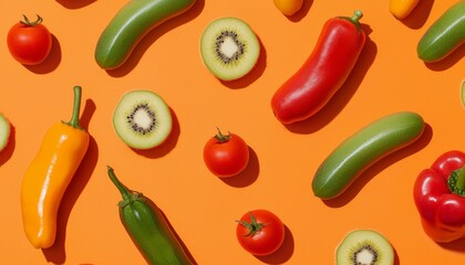 A vibrant flat lay of tropical fruits and vegetables on a warm orange background.