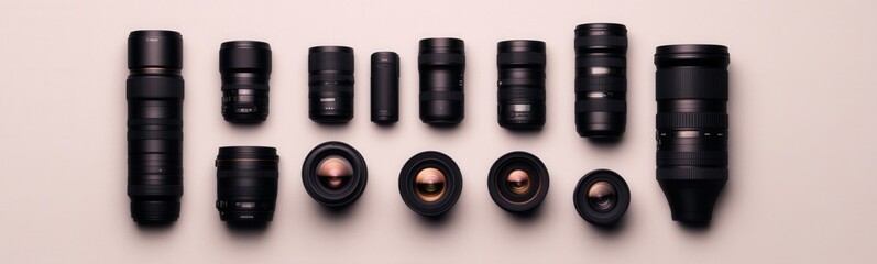 assortment of professional camera lenses on a neutral background
