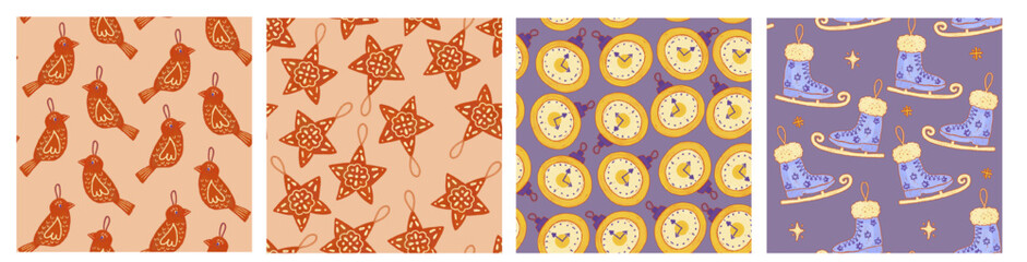 Collection of seamless vintage seasonal patterns. Ornament Christmas toys, decorations, balls, bubbles, stars, birds. Holiday gift paper background