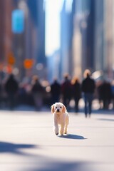 Adorable poodle dog walking alone in a crowded city street