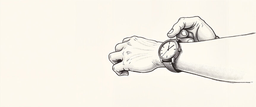 Hand winding wristwatch in a minimalist black and white illustration style with copy space
