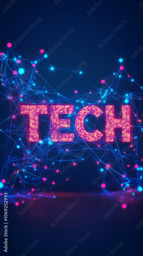 Poster Glowing tech text with connected dots on dark background