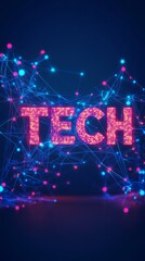 Glowing tech text with connected dots on dark background