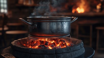 Rustic Iron Pot on Glowing Coals in Cozy Warm Log Cabin Kitchen Atmosphere