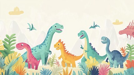 Vibrant wallpaper for young dinosaur enthusiasts, featuring a playful vector-style illustration of a dinosaur-inhabited world, capturing the imagination