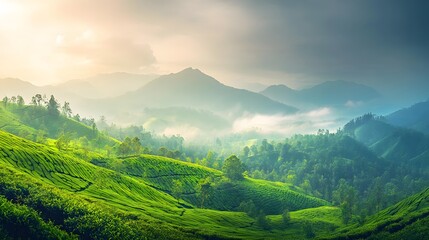Naklejka premium Tea plantations panorama in Munnar, India, showcasing lush green hills covered with tea bushes, misty atmosphere, and rolling landscape