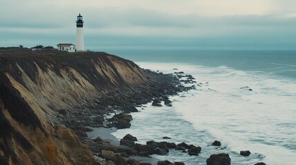 Tranquil coastal scene featuring rugged rocky cliffs, powerful waves crashing against the shore, and a lighthouse standing tall and solitary against the expansive sky