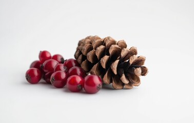 Obraz premium Festive pine cone and red berries on a white background