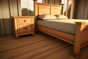 A wooden bedroom featuring a bed and nightstand with natural lighting.