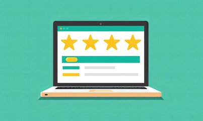 A laptop rests on a desk, showcasing an engaging e-commerce page filled with customer reviews and product ratings, illustrating a vibrant online shopping experience