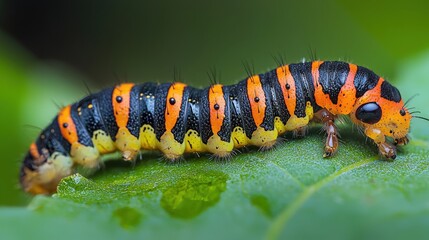 Naklejka premium Brightly colored caterpillar crawling on a green leaf in a vibrant garden during summer