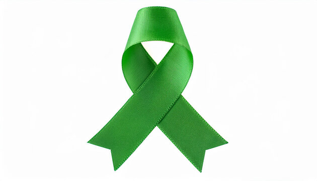 Green awareness ribbon on white backdrop. International symbol of mental health awareness.