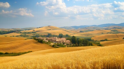 Obraz premium Tranquil countryside featuring rolling hills, a picturesque village, and expansive fields of golden wheat gently swaying in the breeze. The scene evokes a sense of peace and rural charm.