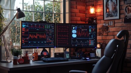 Obraz premium High-tech medical workstation with dual monitors displaying patient vital signs and medication history, highlighting advanced data analysis in a clinical setting.