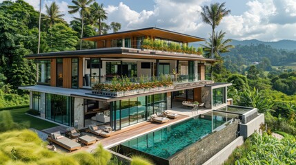 Obraz premium A beautiful modern home with minimalist design elements, located in the heart of Thailand's agricultural countryside, with farmers working in the fields