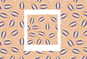 Seamless pink winter pattern. Striped Christmas balls, bubbles. Retro background for gift wrapping paper.