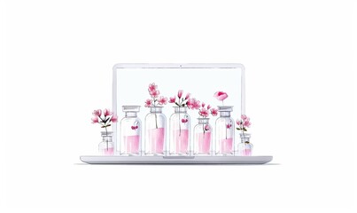 A digital illustration features a laptop showcasing a colorful e-commerce marketplace, highlighting various sellers and their enticing products in a watercolor style