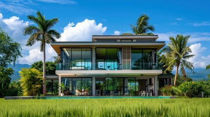 Fototapeta premium A beautiful modern home with minimalist design elements, located in the heart of Thailand's agricultural countryside, with farmers working in the fields