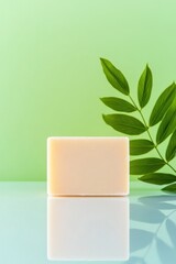 natural soap bar with green leaves on a light green background