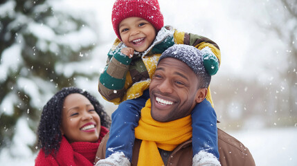 Young Family Enjoys Winter Day in Snowy Park