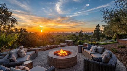 A beautiful sunset gathering with warm drinks and laughter around a fire pit.