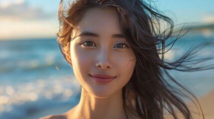 Beautiful close-up of a wet-faced Asian woman, warm light caressing her delicate features, creating a captivating and intimate portrait