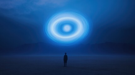 Fototapeta premium lone figure standing in front of a glowing celestial vortex in a tranquil night landscape