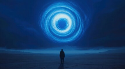 Fototapeta premium silhouette of person standing in front of swirling blue vortex