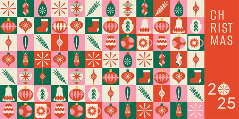 Christmas and New Year. Set of modern trend banners. Simple pattern. Flat. Xmas covers. Backgrounds. Vintage style.  Squares. Mosaic. Neo geometric. Wrapping paper. Hand drawn. Doodle. Elements, shape