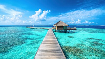 Obraz premium A serene wooden pier leads to a thatched-roof structure over turquoise waters under a blue sky.