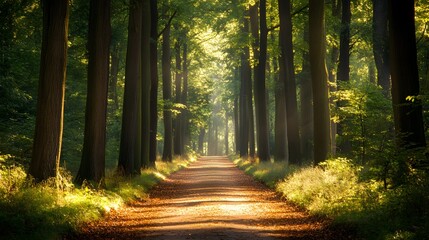 Fototapeta premium Tranquil forest path lined with tall trees, dappled sunlight filtering through the canopy, and a soft blanket of fallen leaves covering the ground