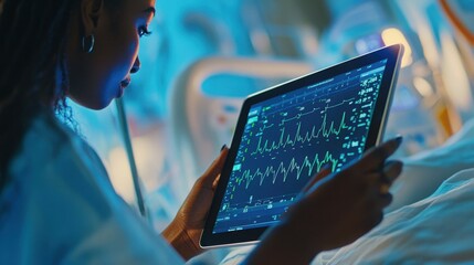 Nurse analyzing patient's ECG data on a tablet, displaying clear waveforms and heart rate statistics, emphasizing digital monitoring in a critical care environment.
