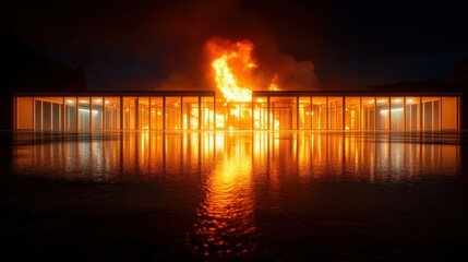 Obraz premium Dramatic night scene of a large building engulfed in flames with fiery reflections in the water