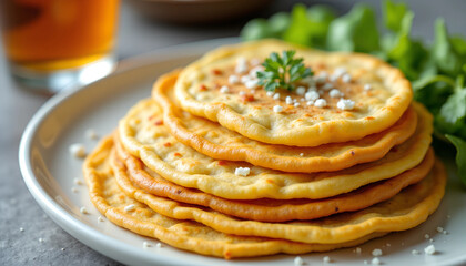 Delicious stack of fresh, golden flatbreads served with herbs on a gray table