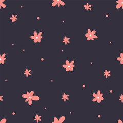 Seamless vector pattern. Cute pink daisies on dark background . Vector illustration