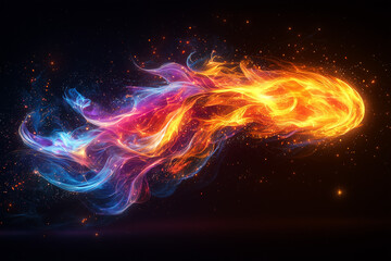 vibrant cosmic flames dance across the dark sky, swirling in a mesmerizing display of colors