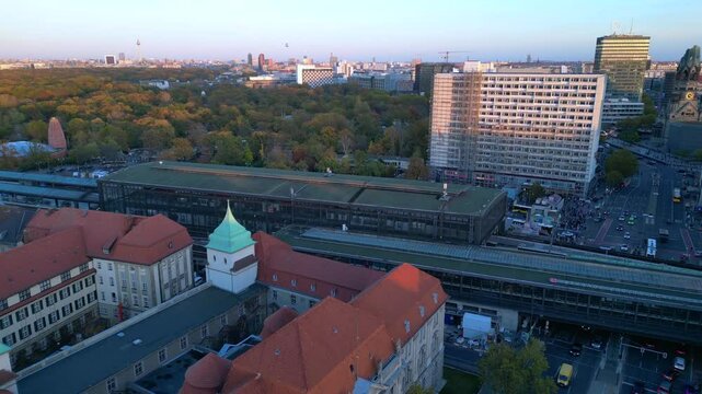 Berlin station zoologischer garten, sunset. Fantastic aerial view flight drone